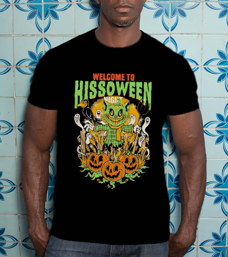 Welcome To Hissoween Night Cat Ghost Scarecrow Pumpkin T-Shirt