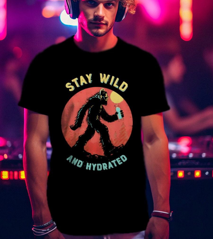 Stay Wild And Hydrated Bigfoot With Water Bottle In Forest T-Shirt
