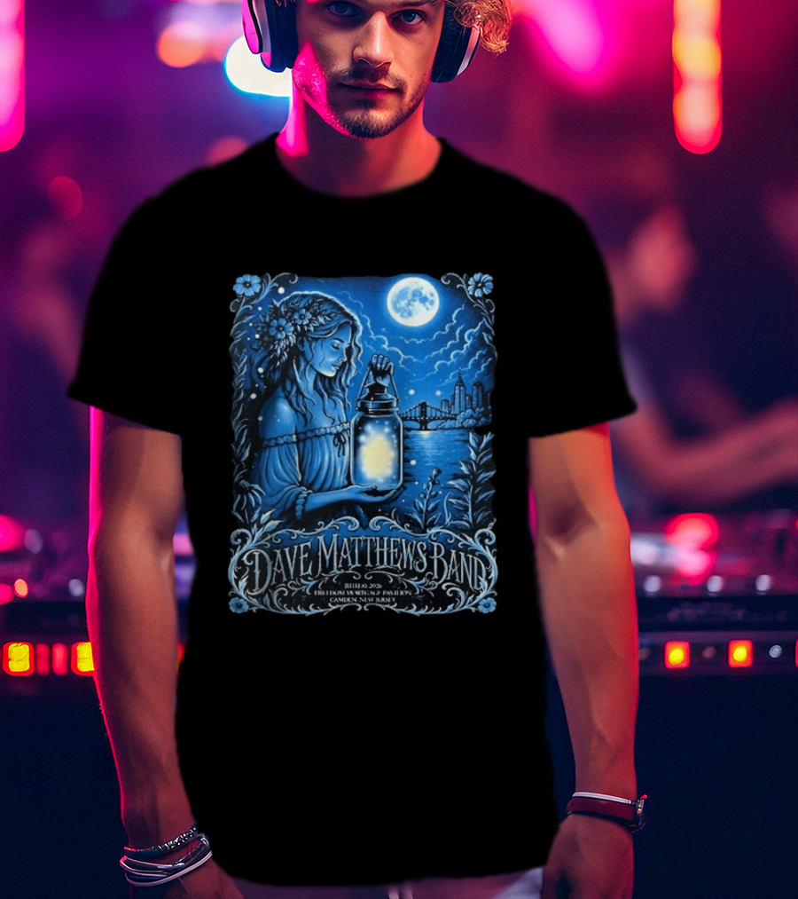 Dave Matthews Band July 10 2026 Freedom Mortgage Pavilion Camden New Jersey Moonlit Lantern And City Skyline T-Shirt
