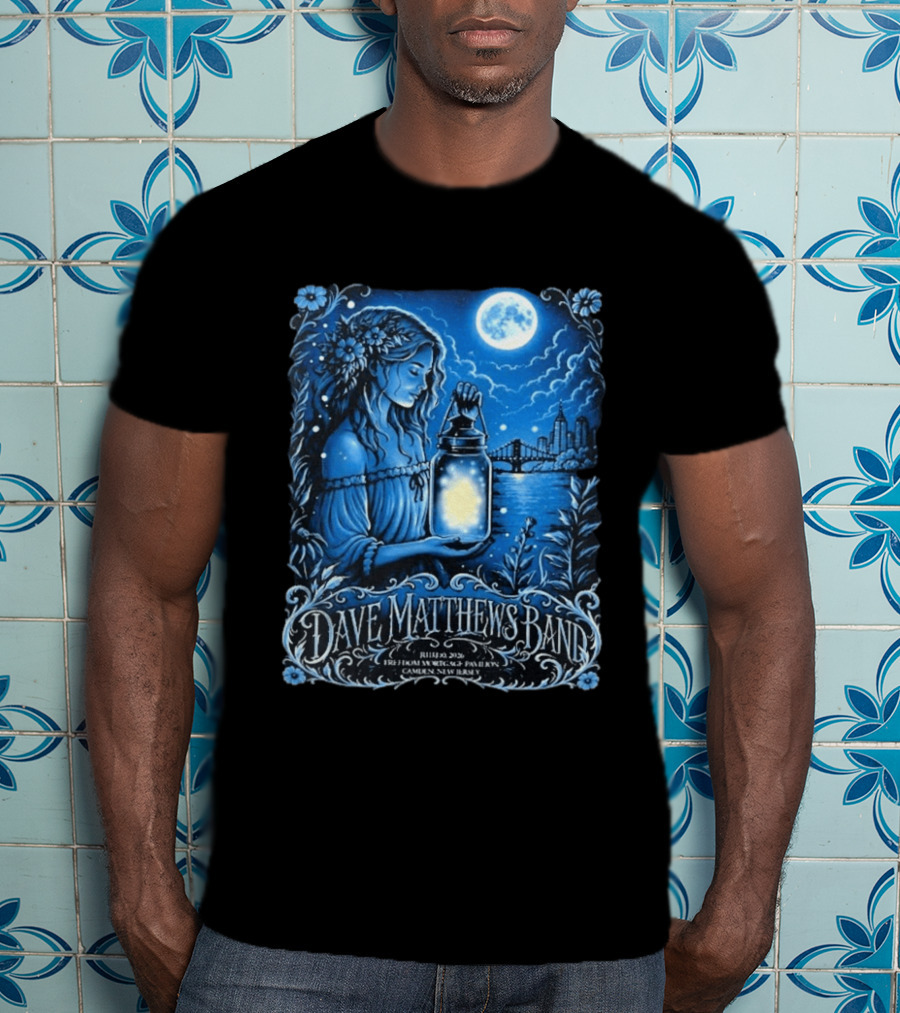 Dave Matthews Band July 10 2026 Freedom Mortgage Pavilion Camden New Jersey Moonlit Lantern And City Skyline T-Shirt