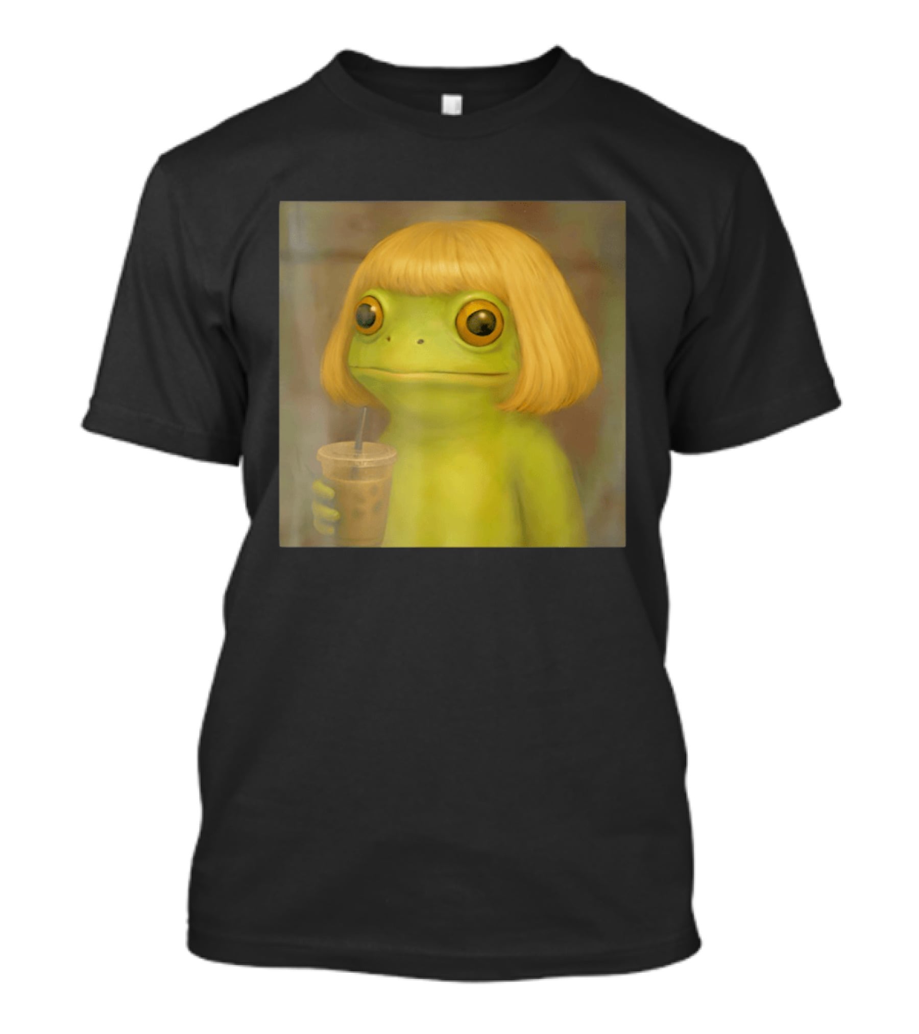 Blonde Wig Frog Holding Iced Coffee T-Shirt