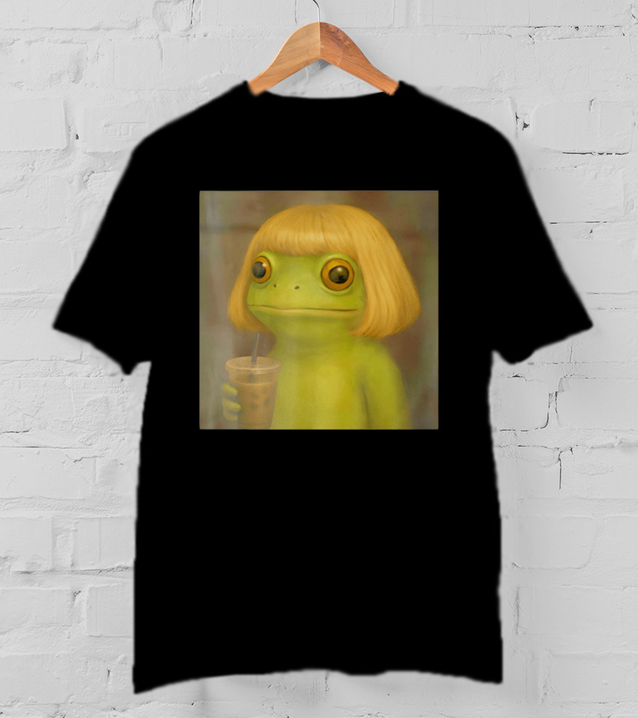 Blonde Wig Frog Holding Iced Coffee T-Shirt