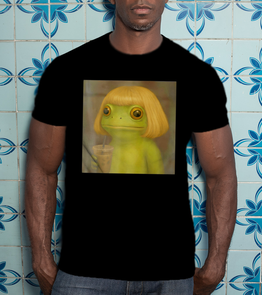 Blonde Wig Frog Holding Iced Coffee T-Shirt