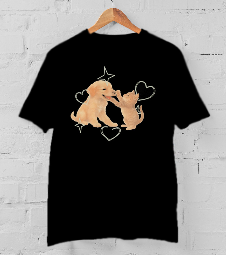 Golden Retriever Puppy And Tabby Kitten Playing With Stars And Hearts T-Shirt