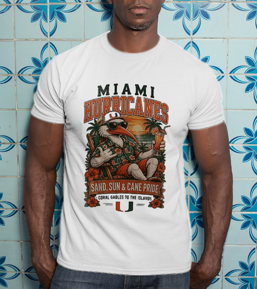 Miami Hurricanes Sand Sun Cane Pride Coral Gables To The Islands T-Shirt