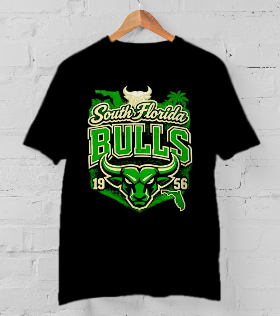 South Florida Bulls 1956 NCAA College Football Palm Tree Map Green Bull T-Shirt