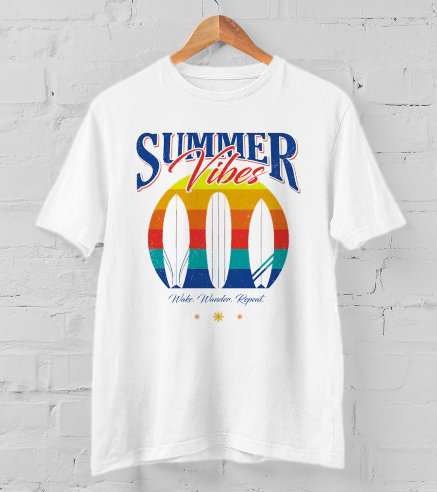 Summer Vibes Wake Wander Repeat Retro Surfboard Sunset T-Shirt