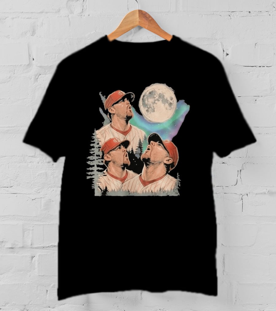 Three Howling Phillies 2026 Randy Wolf Meme Vintage Baseball Art Baseball Moon Forest T-Shirt