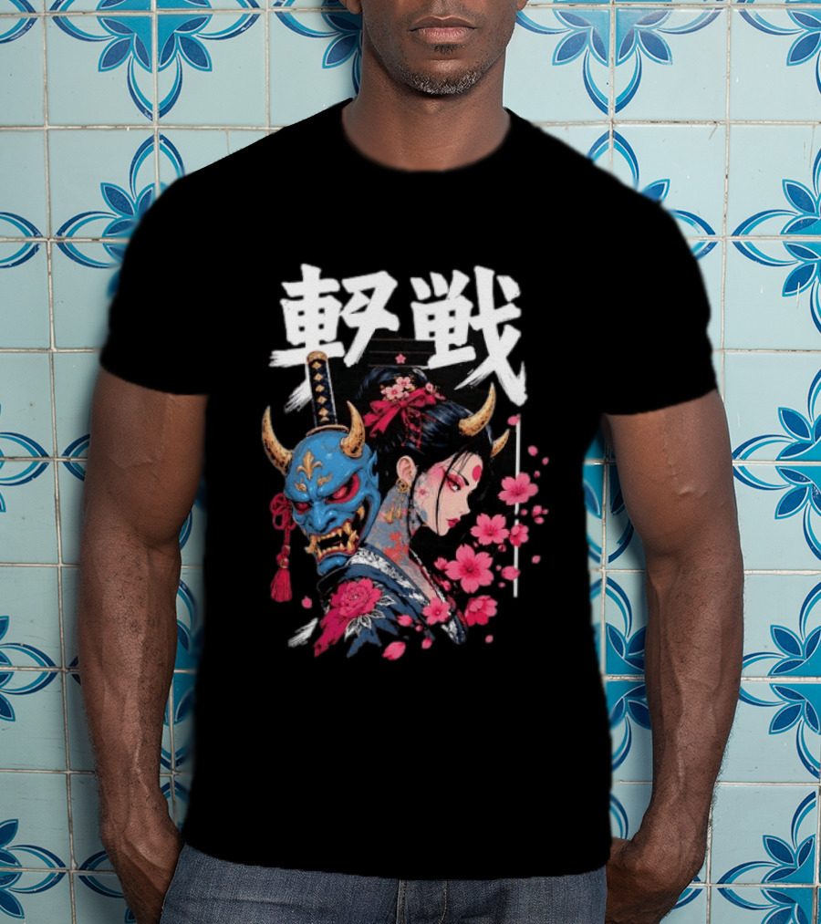 Japanese Oni Mask And Geisha With Cherry Blossoms Kanji T-Shirt