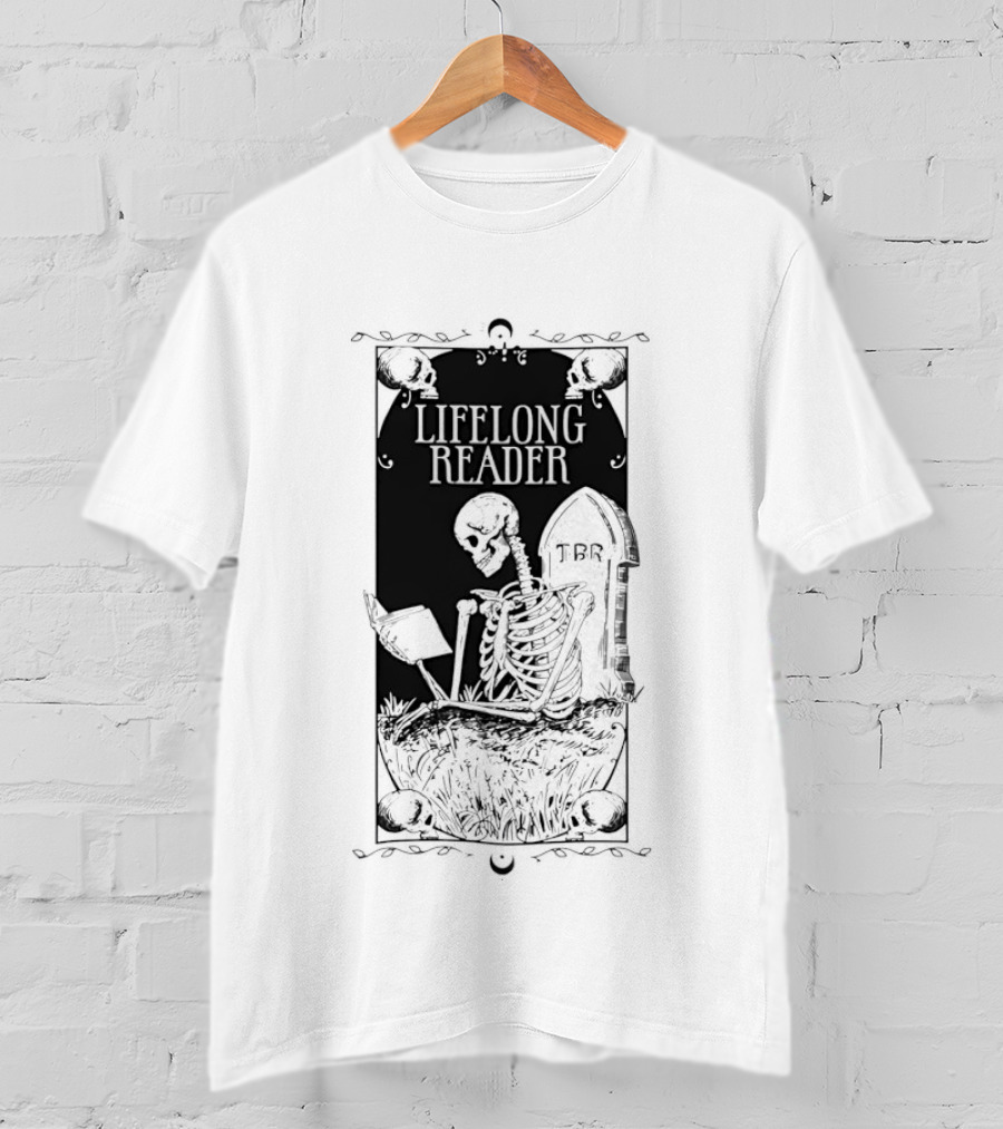 Lifelong Reader Skeleton With Book And Tombstone Retro Gothic T-Shirt
