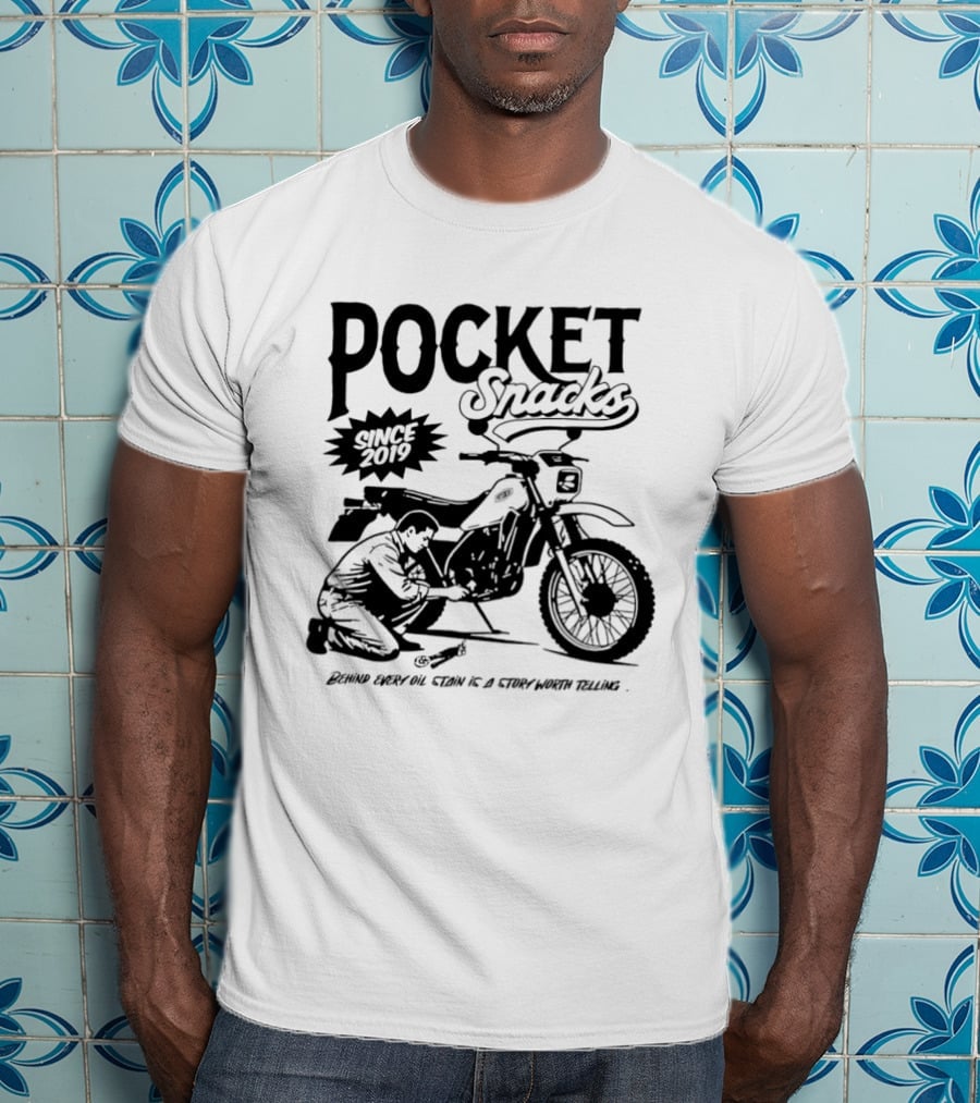 Pocket Snacks Since 2019 Motorcycle Mechanic Oil Stain T-Shirt