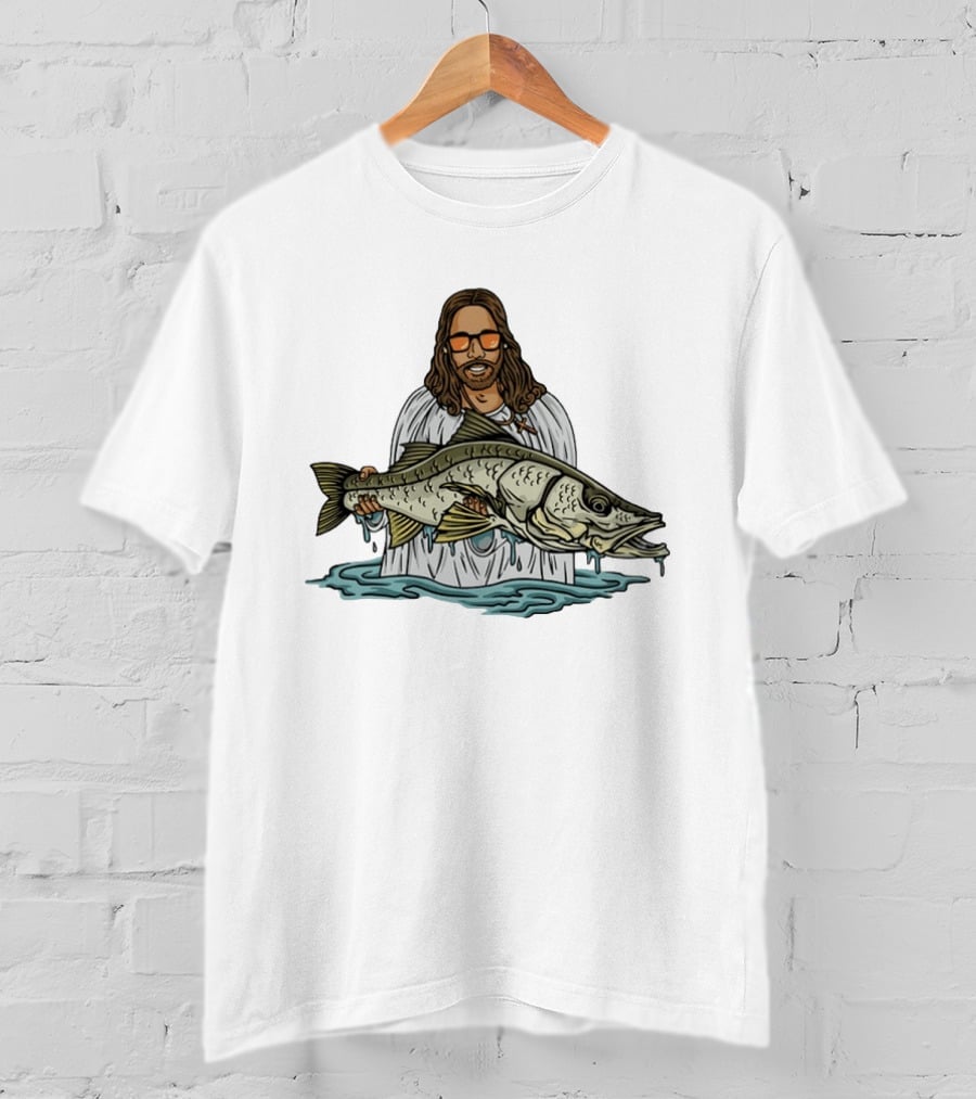 Jesus Holding Fish Like Jesus Fishing With Sunglasses T-Shirt
