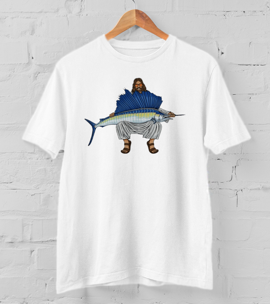 Jesus Holding Sailfish Fish Like Iconic Religious Savior T-Shirt