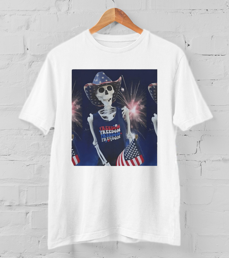 Freedom Skeleton Patriot With American Flag And Fireworks Fourth Of July T-Shirt