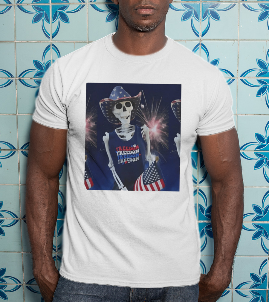 Freedom Skeleton Patriot With American Flag And Fireworks Fourth Of July T-Shirt