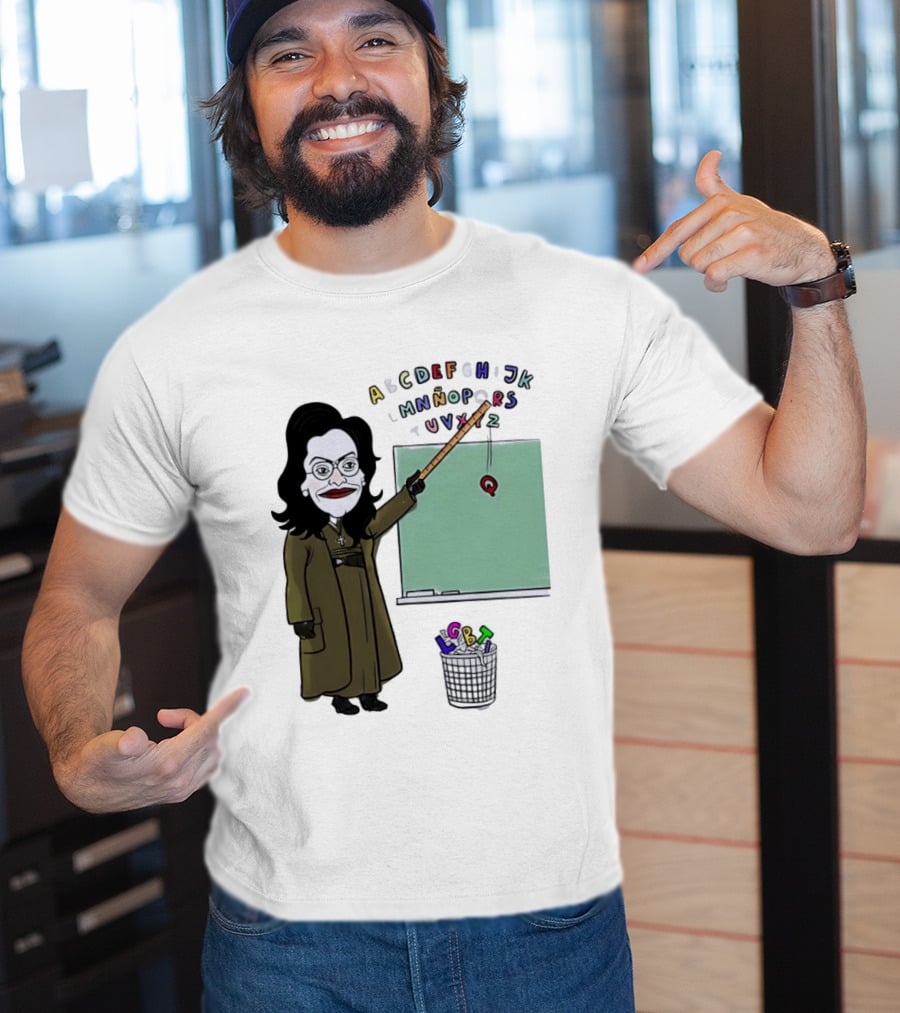 LGBTQ Alphabet Removal Cartoon Teacher With Chalkboard And Trash Bin T-Shirt