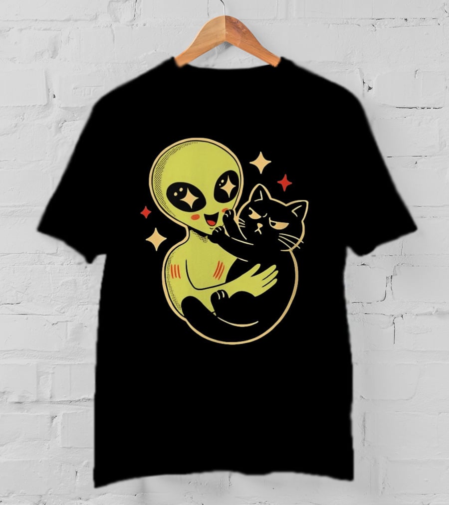 Alien Holding Grumpy Black Cat Surrounded By Stars T-Shirt