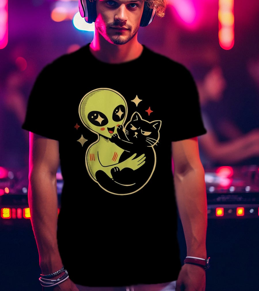 Alien Holding Grumpy Black Cat Surrounded By Stars T-Shirt