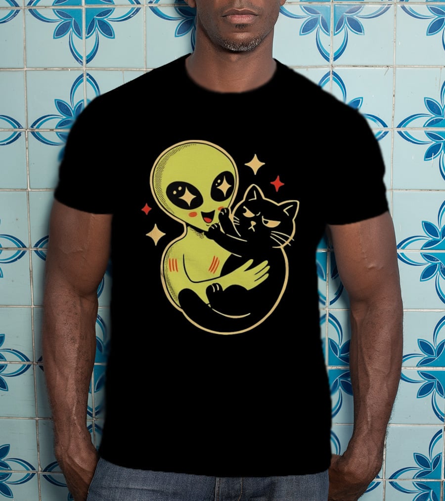 Alien Holding Grumpy Black Cat Surrounded By Stars T-Shirt