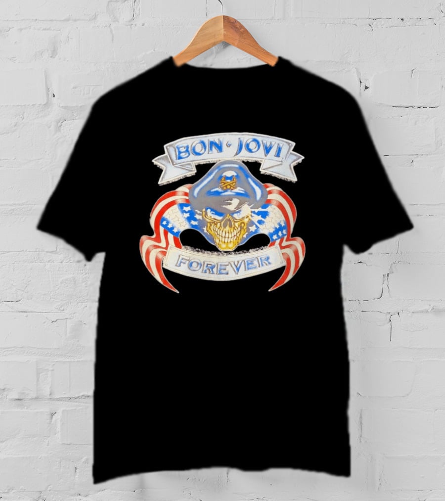 Bon Jovi Forever Skull With American Flag Banners And Blue Cap T-Shirt