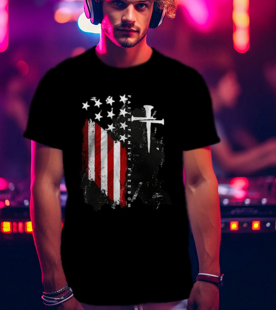 Faith Family Freedom Patriotic American Flag Cross T-Shirt
