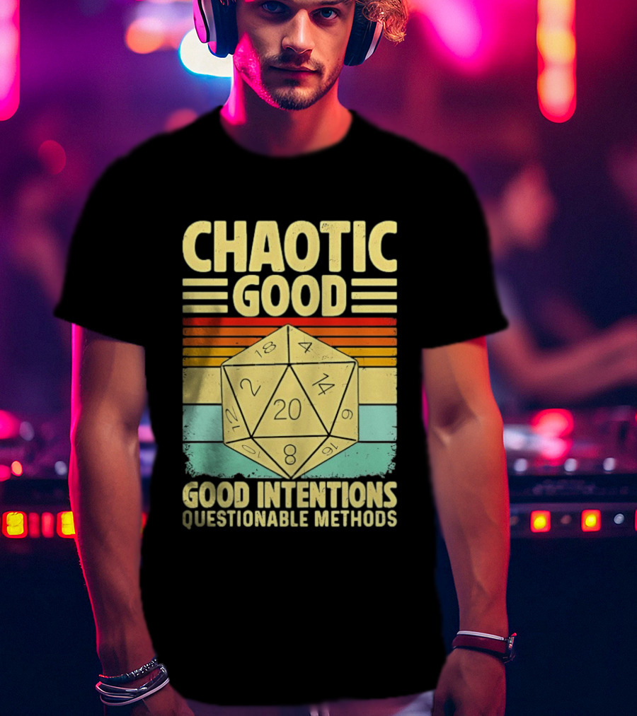 Chaotic Good D20 Good Intentions Questionable Methods Stripes T-Shirt