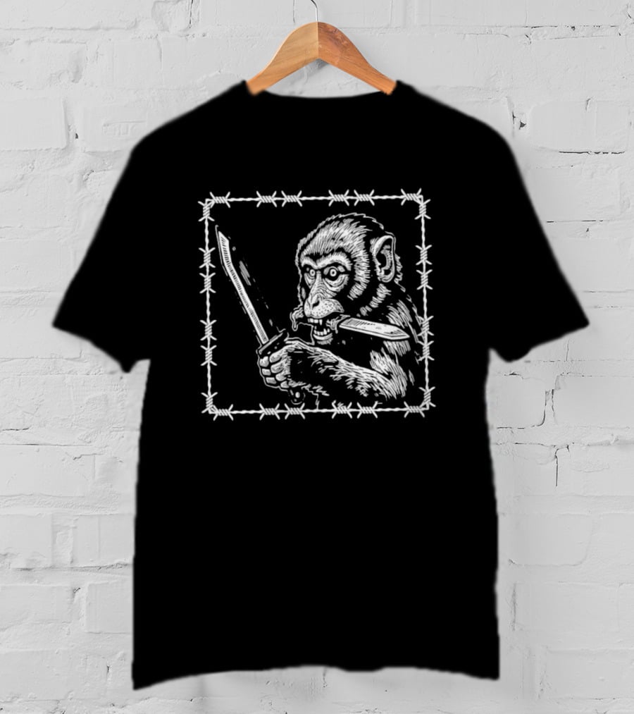 Monkey Holding Knife Barbed Wire Black And White Sketch T-Shirt