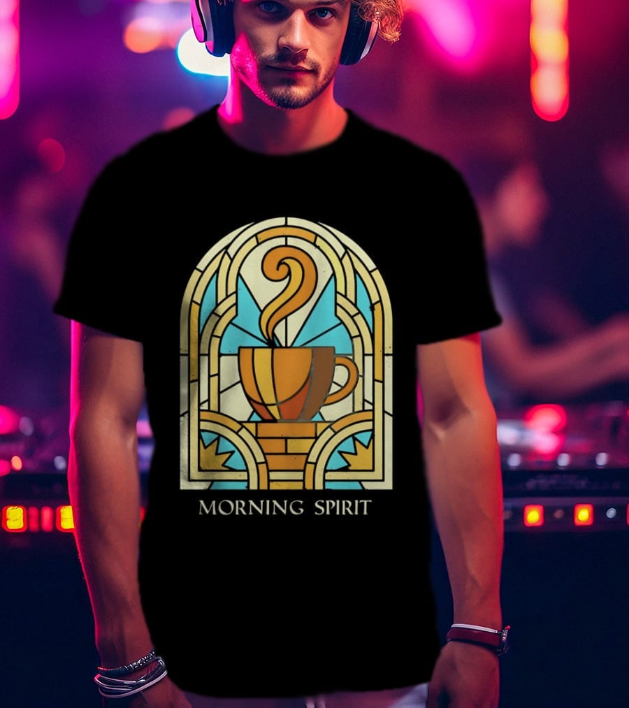Morning Spirit Coffee Cup Stained Glass Art Deco T-Shirt