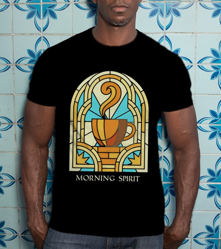 Morning Spirit Coffee Cup Stained Glass Art Deco T-Shirt