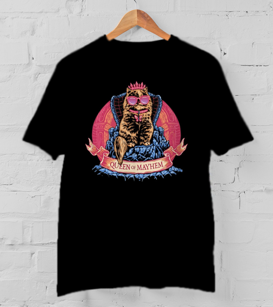 Queen Of Mayhem Cat With Pink Crown And Glasses On Throne T-Shirt