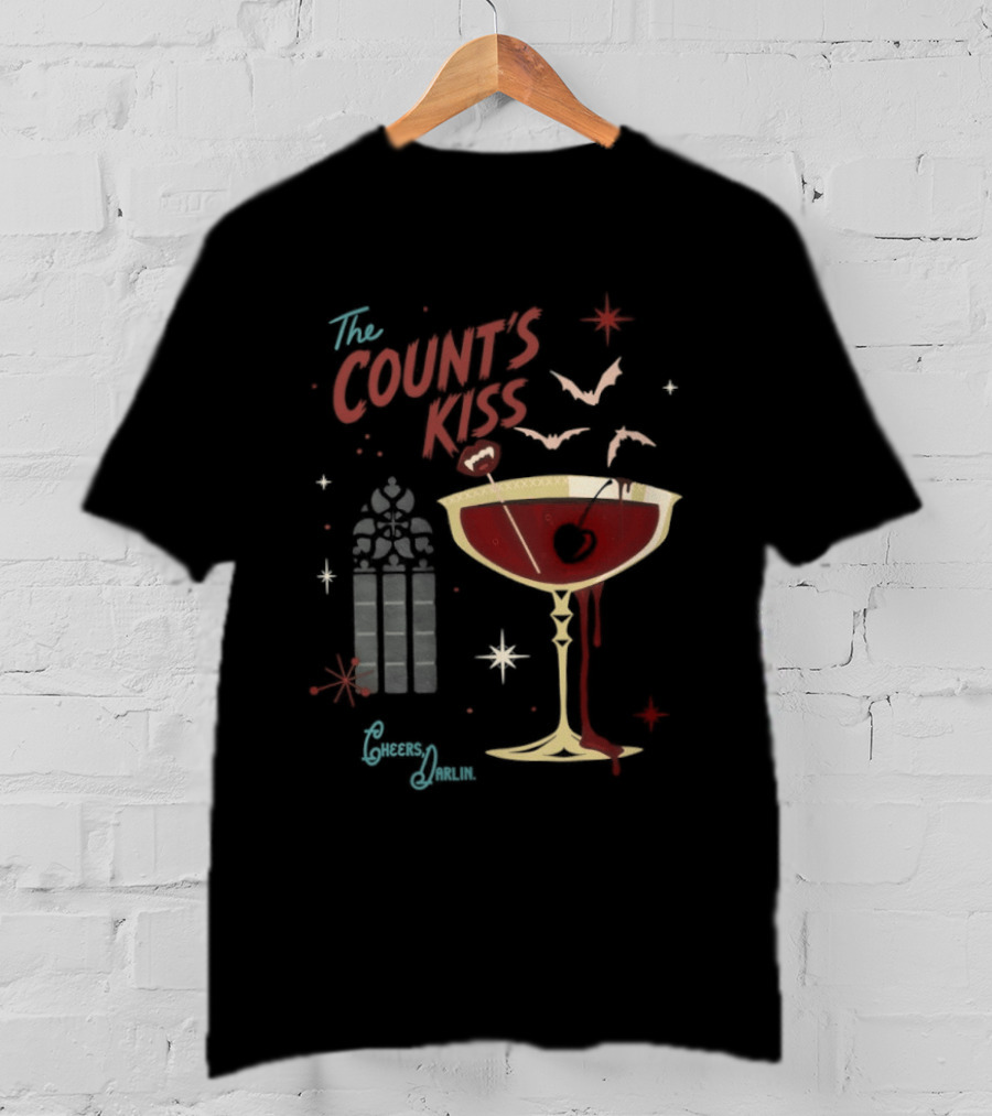 The Count's Kiss Cheers Darlin Vampire With Gothic Window And Wine Glass T-Shirt