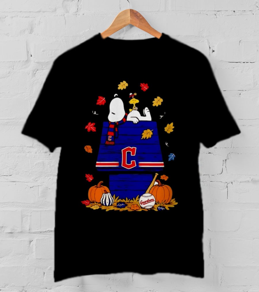Snoopy Woodstock Cleveland Guardians Fall Baseball Pumpkins Autumn Leaves T-Shirt