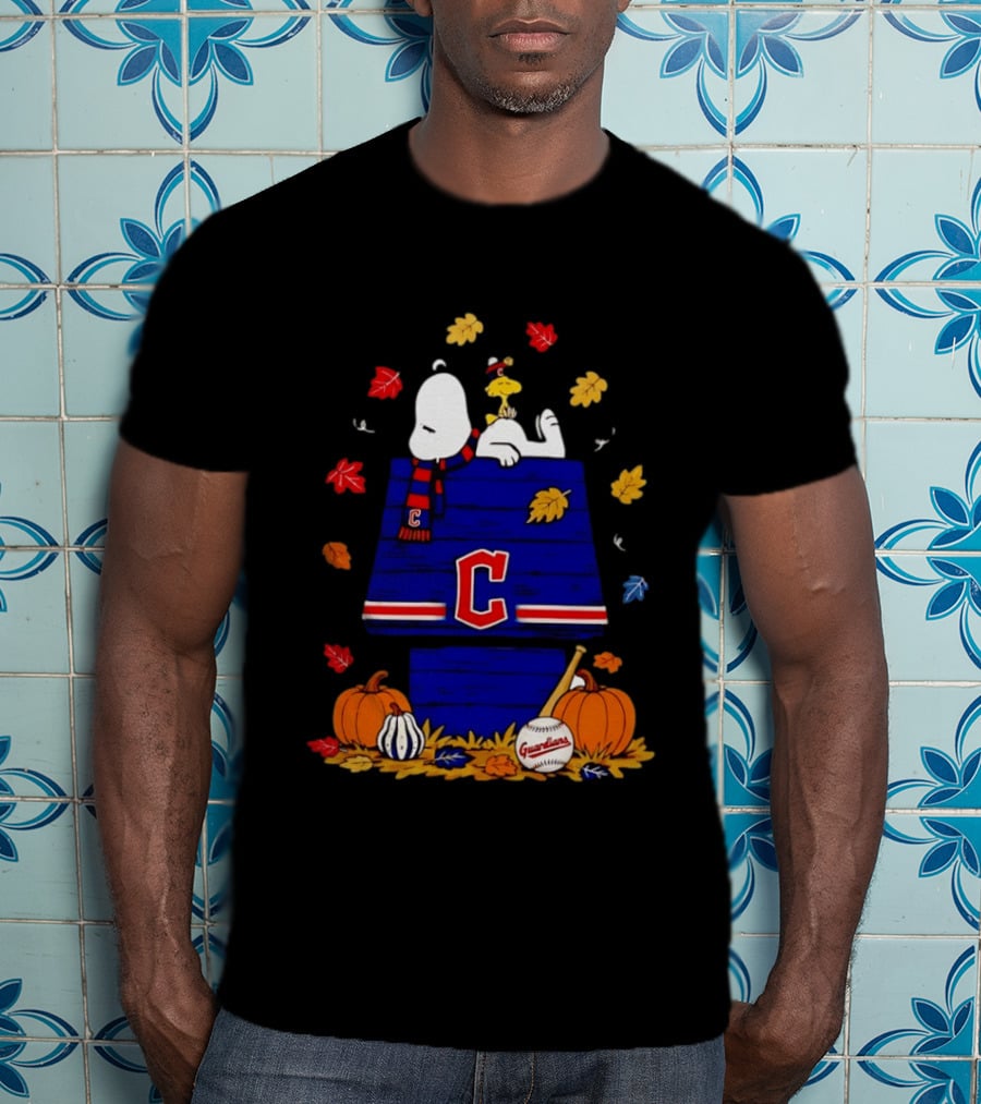 Snoopy Woodstock Cleveland Guardians Fall Baseball Pumpkins Autumn Leaves T-Shirt