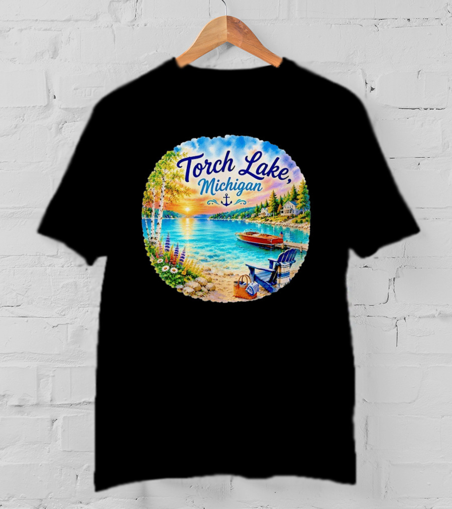 Torch Lake Michigan Sunset Scenic Lakeside Anchor T-Shirt
