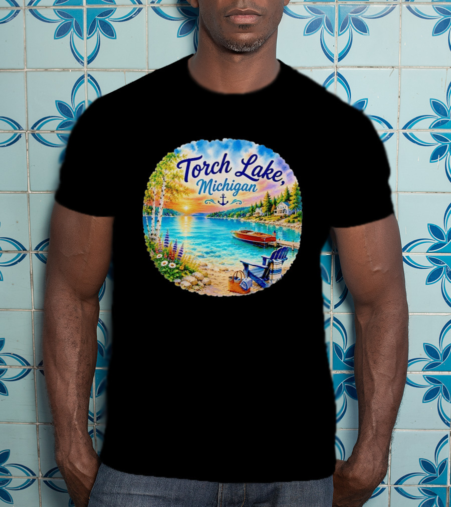 Torch Lake Michigan Sunset Scenic Lakeside Anchor T-Shirt
