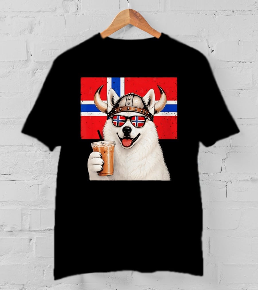 Viking Husky With Norwegian Flag Glasses And Iced Coffee T-Shirt