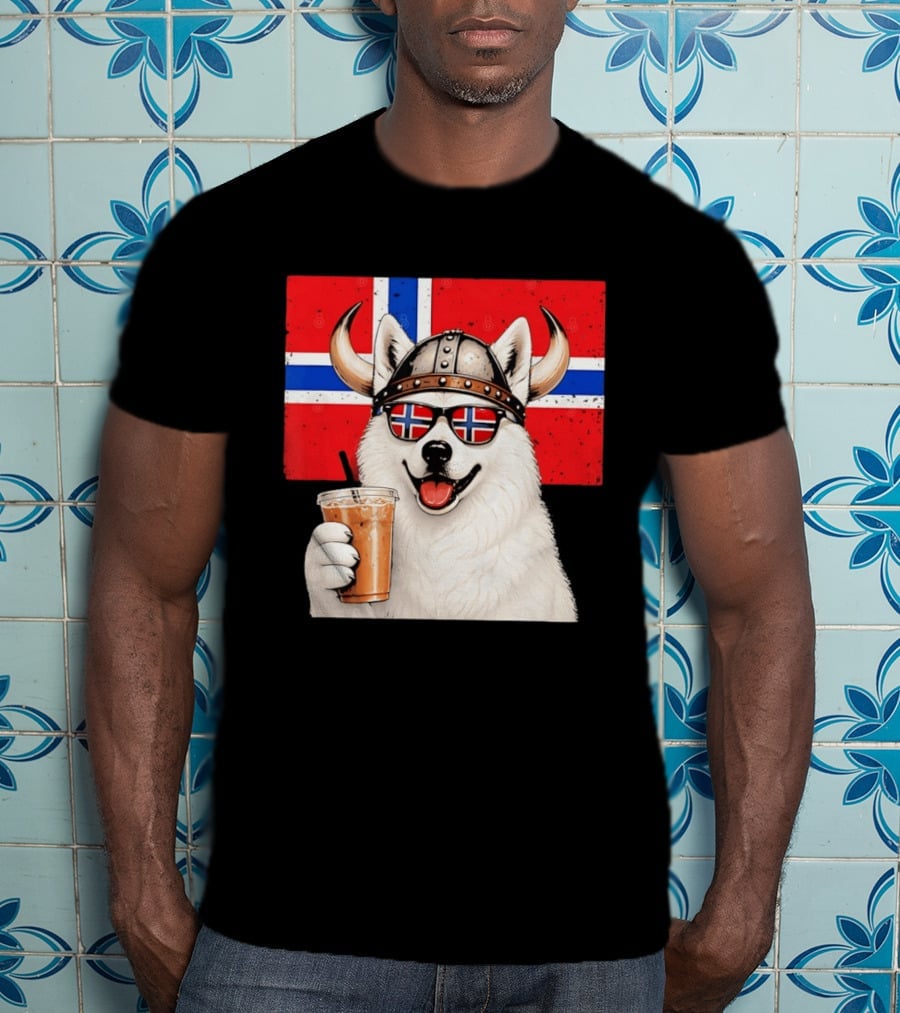 Viking Husky With Norwegian Flag Glasses And Iced Coffee T-Shirt