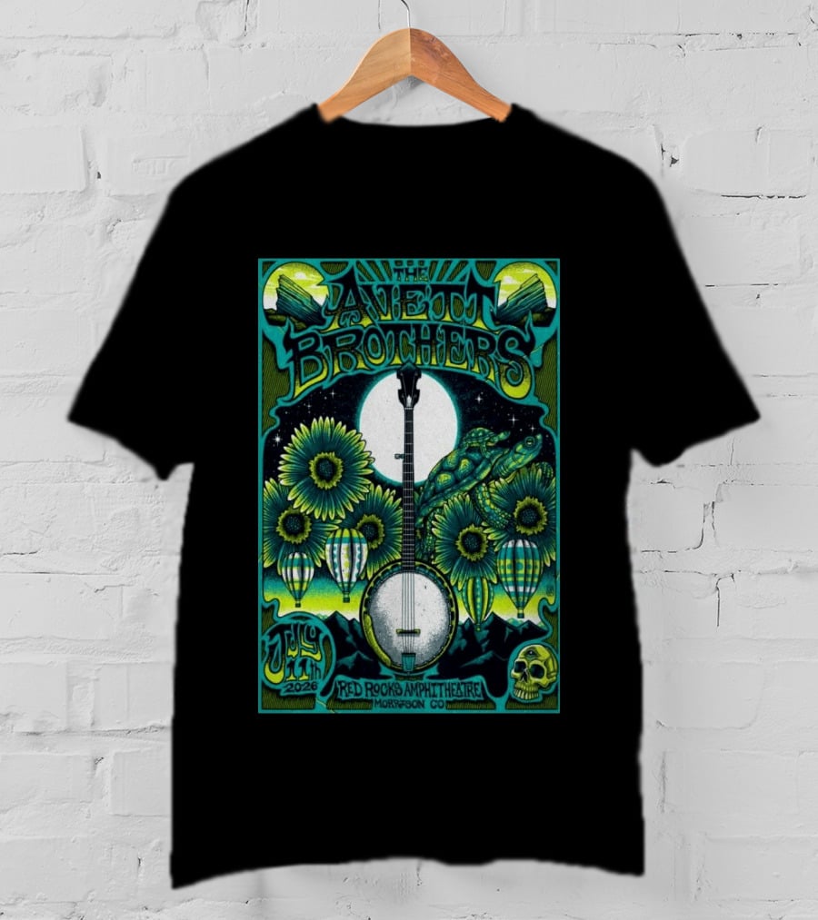 The Avett Brothers Red Rocks Amphitheatre July 11 2026 Morrison CO Banjo Sunflowers Hot Air Balloons Turtles Skulls T-Shirt