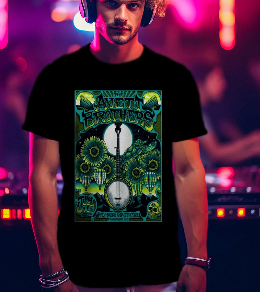 The Avett Brothers Red Rocks Amphitheatre July 11 2026 Morrison CO Banjo Sunflowers Hot Air Balloons Turtles Skulls T-Shirt
