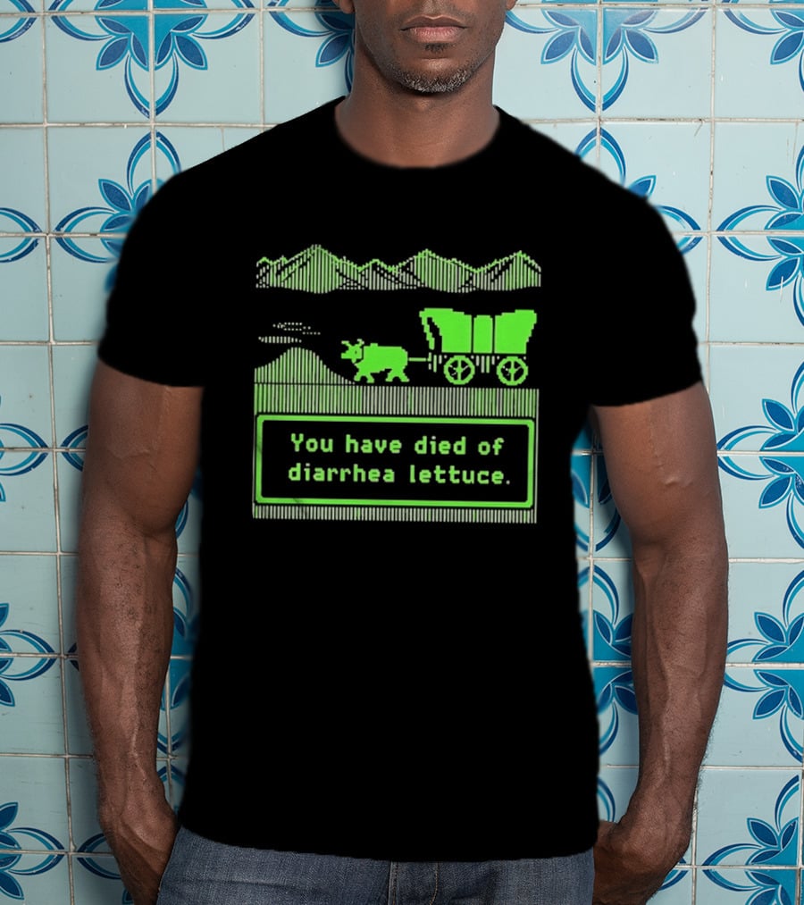 You Have Died Of Diarrhea Lettuce Oregon Trail Wagon Pixelated Retro Text Green T-Shirt