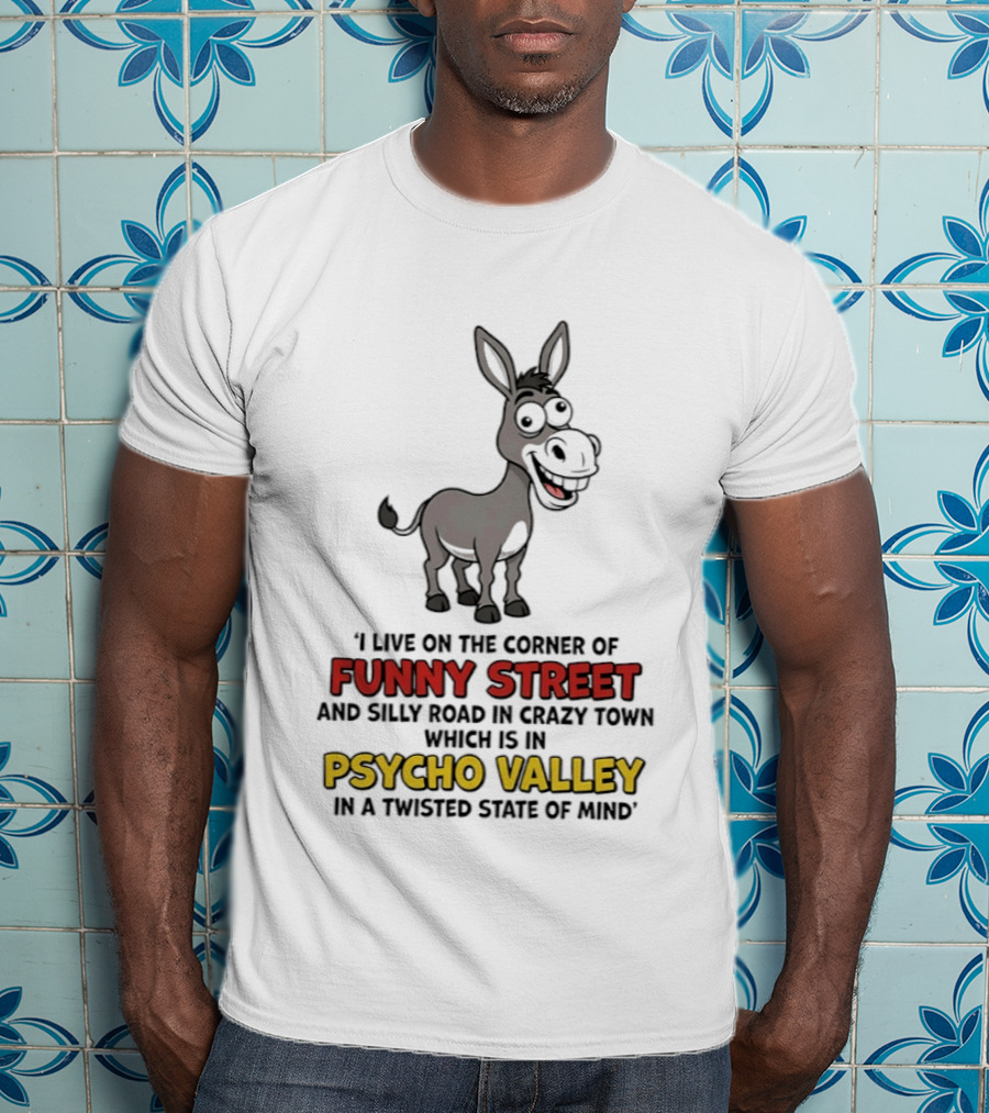 Donkey I Live On The Corner Of Funny Street And Silly Road In Crazy Town Psycho Valley In A Twisted State Of Mind T-Shirt