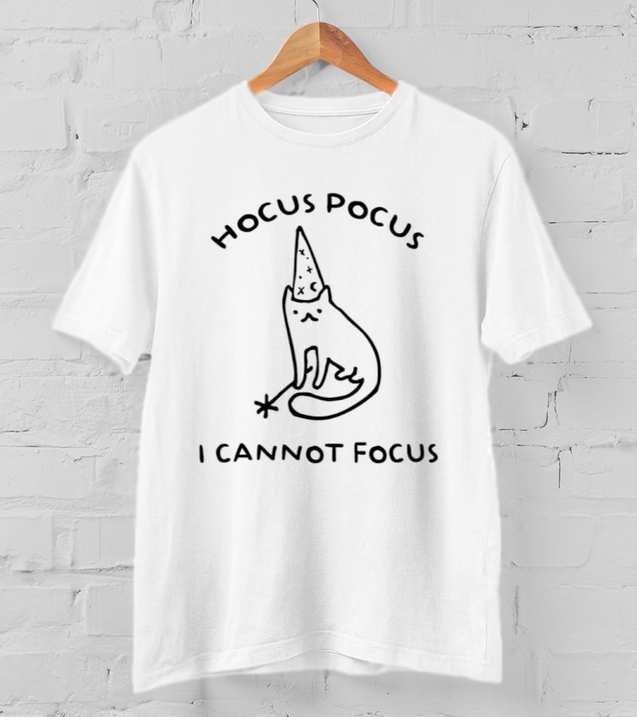 Hocus Pocus I Cannot Focus Cat ADHD Humor Magic Wand Wizard Hat T-Shirt