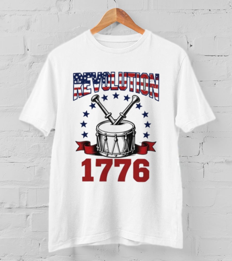Revolution 1776 American Independence Drum With Stars And Crossed Drumsticks T-Shirt