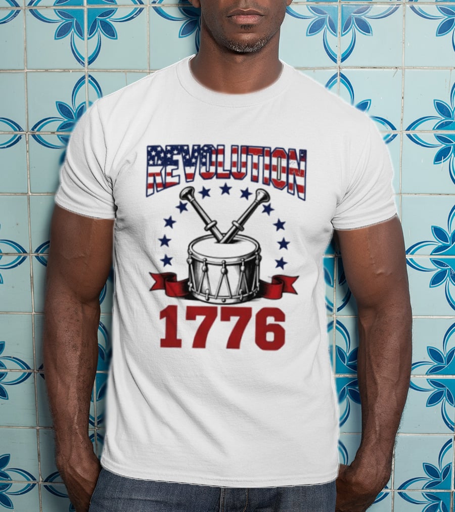 Revolution 1776 American Independence Drum With Stars And Crossed Drumsticks T-Shirt