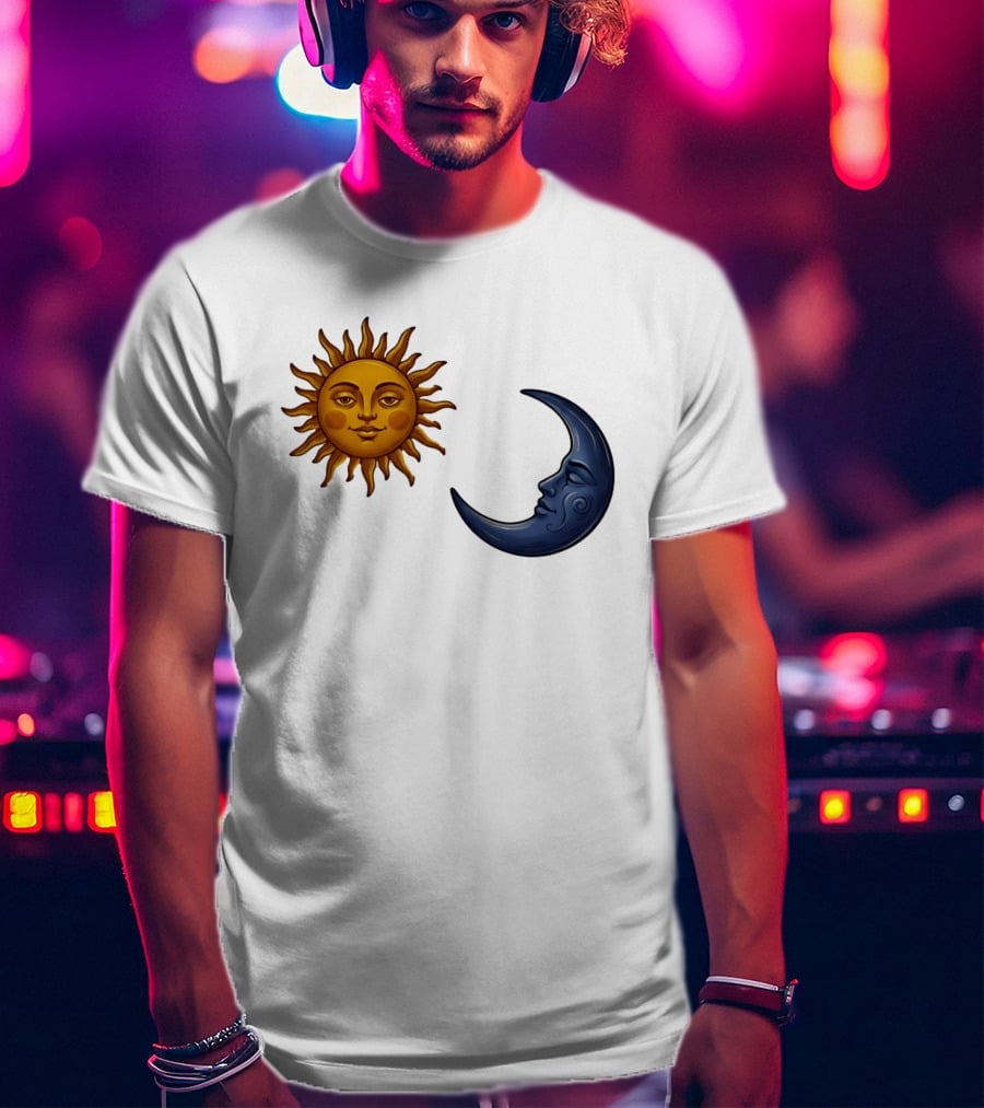 Sun Face And Crescent Moon Celestial Pair Harmony T-Shirt