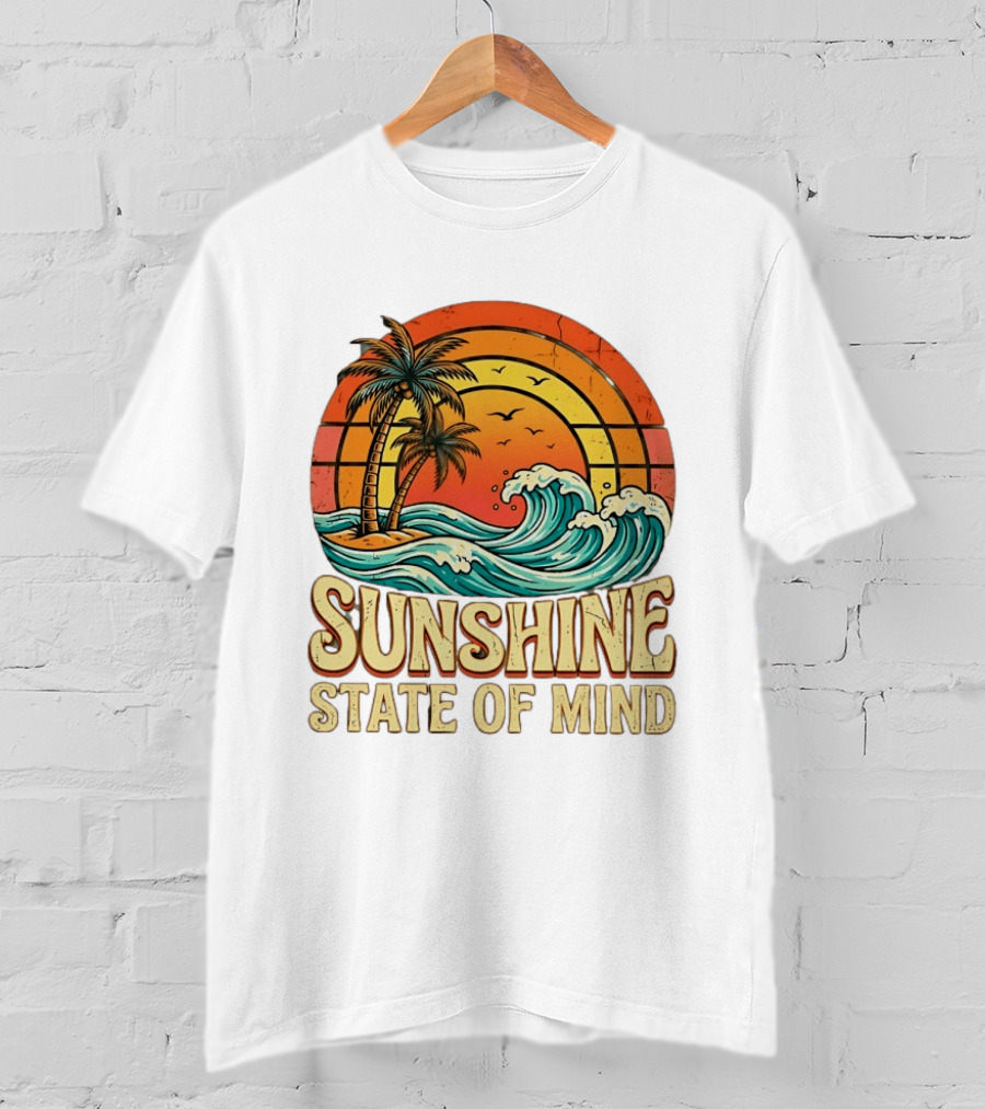 Sunshine State Of Mind Palm Trees Crashing Waves Sunset T-Shirt