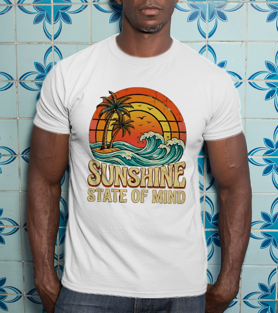 Sunshine State Of Mind Palm Trees Crashing Waves Sunset T-Shirt