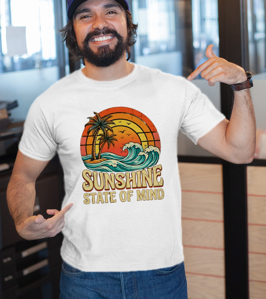 Sunshine State Of Mind Palm Trees Crashing Waves Sunset T-Shirt