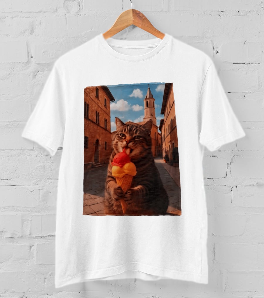 Tabby Cat Eating Ice Cream Cone In Italian Village Street Scene T-Shirt