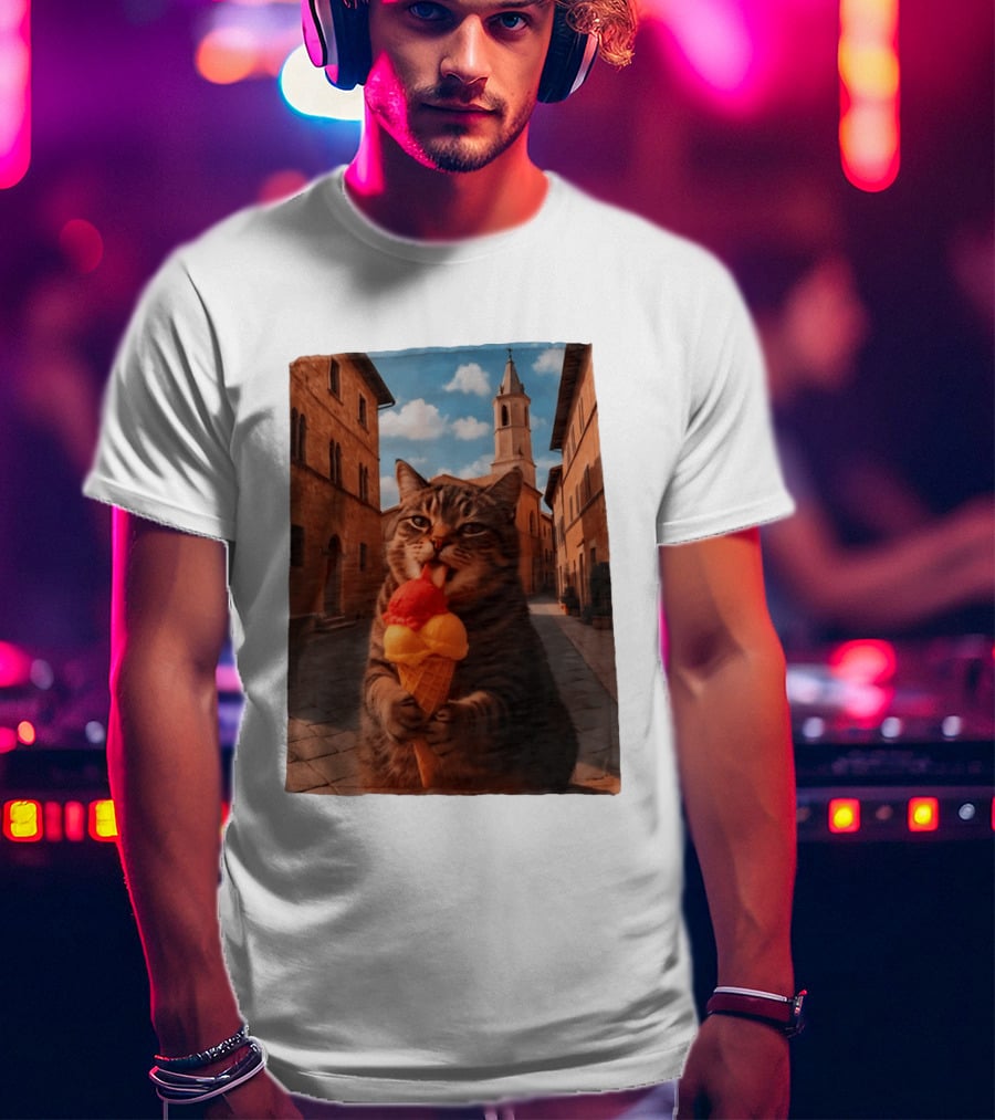 Tabby Cat Eating Ice Cream Cone In Italian Village Street Scene T-Shirt